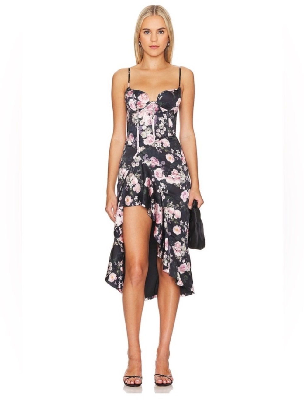 More To Come Revolve Solare Black Floral Satin High Low Corset Dress